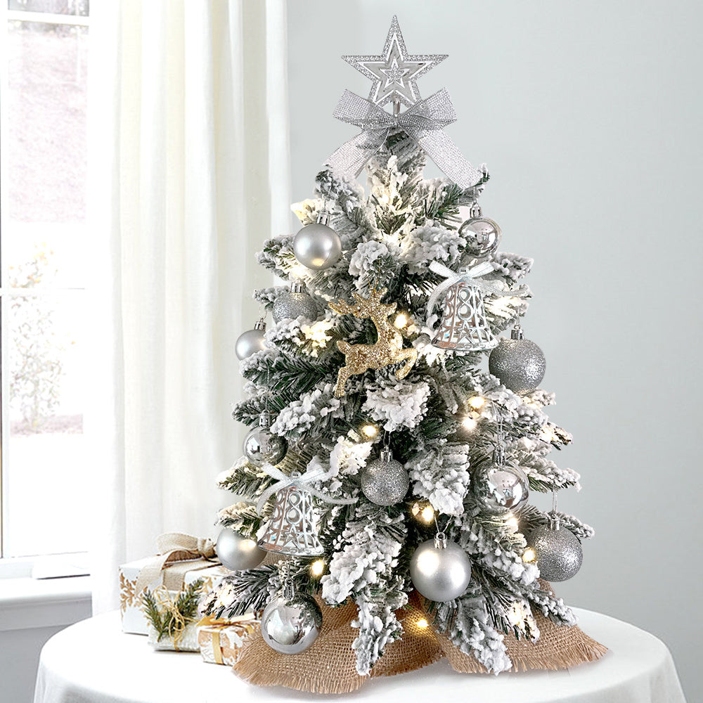 2 Fuß Mini-Weihnachtsbaum mit Licht, künstlicher kleiner Tisch-Weihnachtsbaum
Dekoration mit beflocktem Schnee, exquisiter Dekoration und Weihnachtsornamenten für Tischplatten für Zuhause und Büro