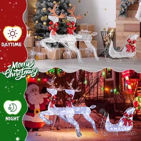 3-teiliges beleuchtetes Set mit 2 Rentieren und Schlitten, wetterfeste Weihnachtsdekoration für den Außenbereich mit Vorbeleuchtung
270 weiße LED-Lichter und Pfähle für Weihnachten im Freien, Feiertage im Innenbereich
Beleuchtete Weihnachtsdisplays mit De