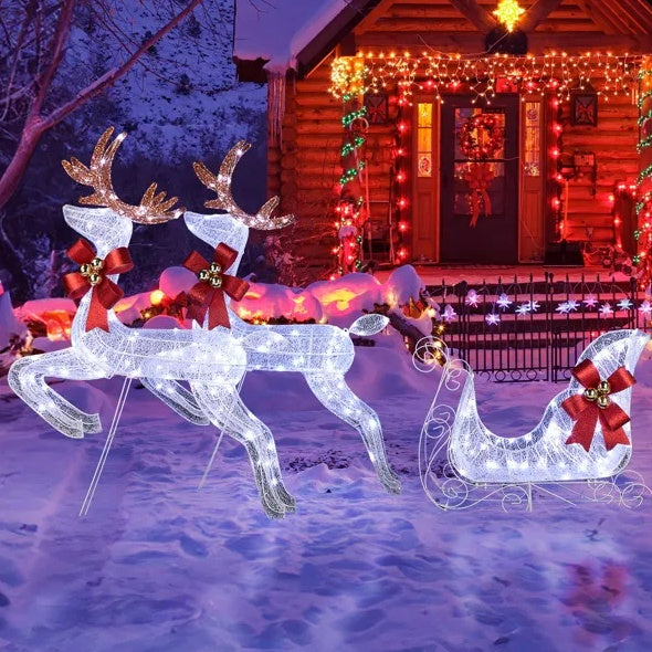 3-teiliges beleuchtetes Set mit 2 Rentieren und Schlitten, wetterfeste Weihnachtsdekoration für den Außenbereich mit Vorbeleuchtung
270 weiße LED-Lichter und Pfähle für Weihnachten im Freien, Feiertage im Innenbereich
Beleuchtete Weihnachtsdisplays mit De