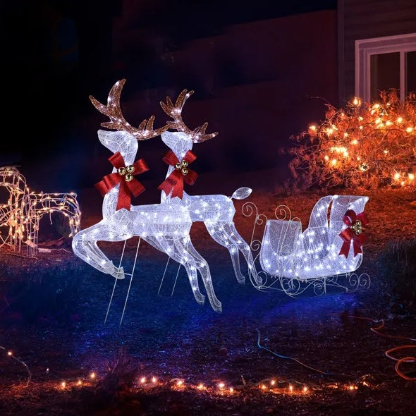 3-teiliges beleuchtetes Set mit 2 Rentieren und Schlitten, wetterfeste Weihnachtsdekoration für den Außenbereich mit Vorbeleuchtung
270 weiße LED-Lichter und Pfähle für Weihnachten im Freien, Feiertage im Innenbereich
Beleuchtete Weihnachtsdisplays mit De
