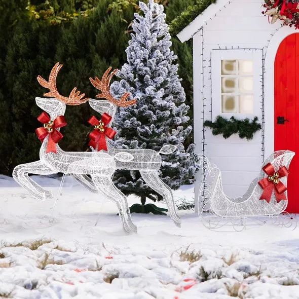 3-teiliges beleuchtetes Set mit 2 Rentieren und Schlitten, wetterfeste Weihnachtsdekoration für den Außenbereich mit Vorbeleuchtung
270 weiße LED-Lichter und Pfähle für Weihnachten im Freien, Feiertage im Innenbereich
Beleuchtete Weihnachtsdisplays mit De