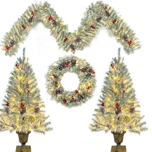 Vorbeleuchteter künstlicher Weihnachtsbaum
4-teiliges Weihnachtsset, Girlande, Kranz und 2 Eingangsbäume für Weihnachten