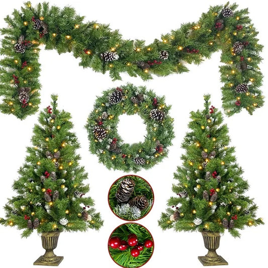 Vorbeleuchteter künstlicher Weihnachtsbaum
4-teiliges Weihnachtsset, Girlande, Kranz und 2 Eingangsbäume für Weihnachten