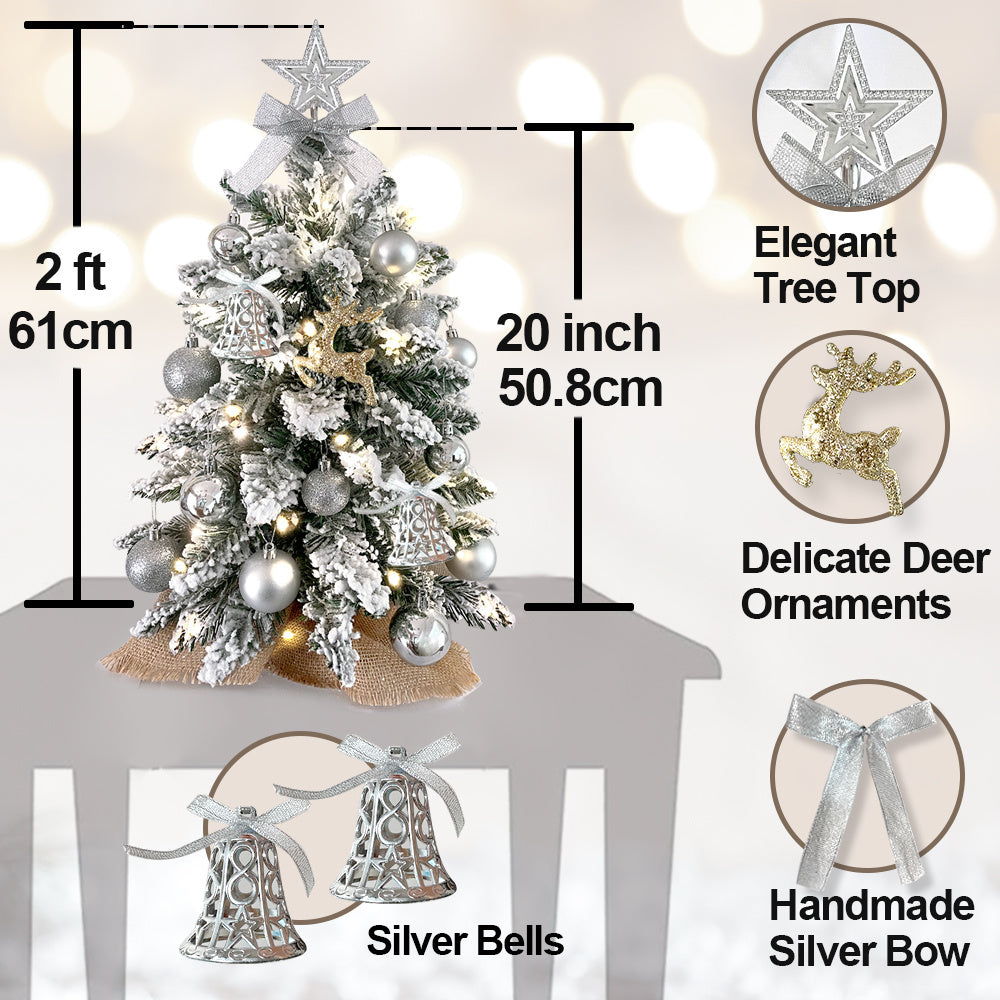 2 Fuß Mini-Weihnachtsbaum mit Licht, künstlicher kleiner Tisch-Weihnachtsbaum
Dekoration mit beflocktem Schnee, exquisiter Dekoration und Weihnachtsornamenten für Tischplatten für Zuhause und Büro