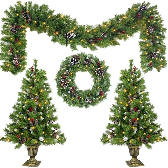Vorbeleuchteter künstlicher Weihnachtsbaum
4-teiliges Weihnachtsset, Girlande, Kranz und 2 Eingangsbäume für Weihnachten