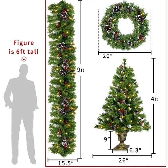 Vorbeleuchteter künstlicher Weihnachtsbaum
4-teiliges Weihnachtsset, Girlande, Kranz und 2 Eingangsbäume für Weihnachten